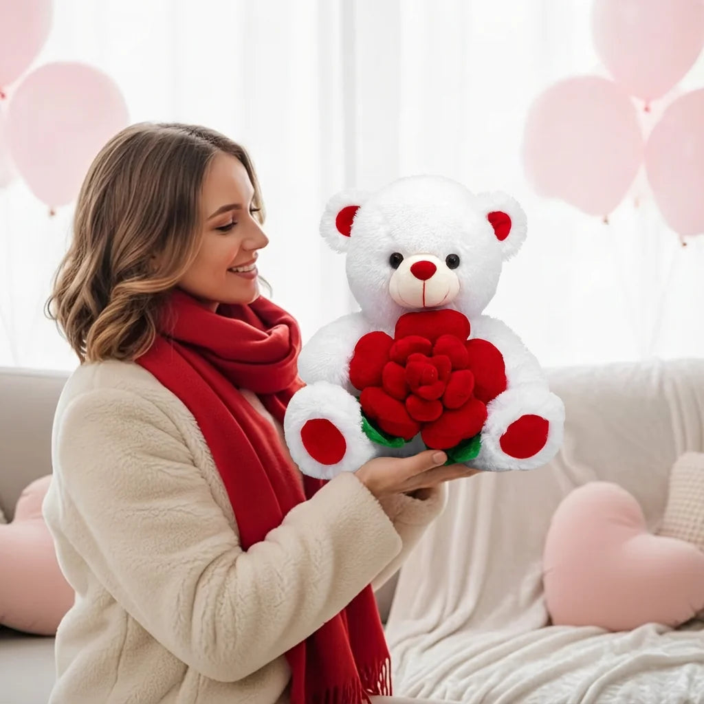 Valentines Day Bear Holding Rose Plush Toy Stuffed Animal Birthday Present for Girlfriend Wife Romantic Keepsake Home Decor Doll Oasis Select