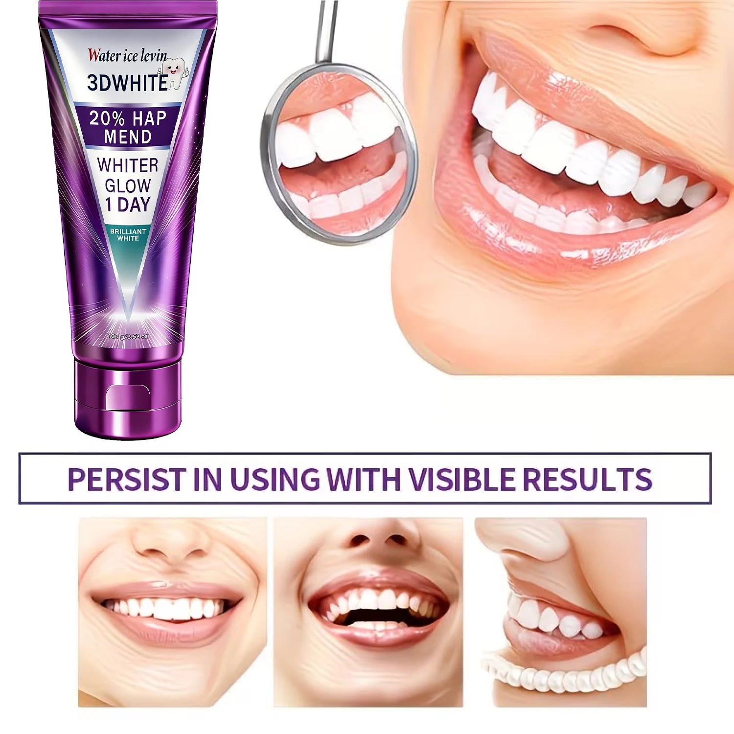 20% HAP 3D White Toothpaste - 1 Day Whiter Teeth, Deep Stain Remover, Cool Menthol for Fresh Breath & Strong Enamel Oasis Select