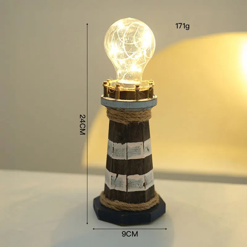 Mediterranean Style Wooden Lighthouse Ornaments Creative Retro Desktop Jewelry Luminous Home Ornaments Old Gift Decoration Oasis Select B