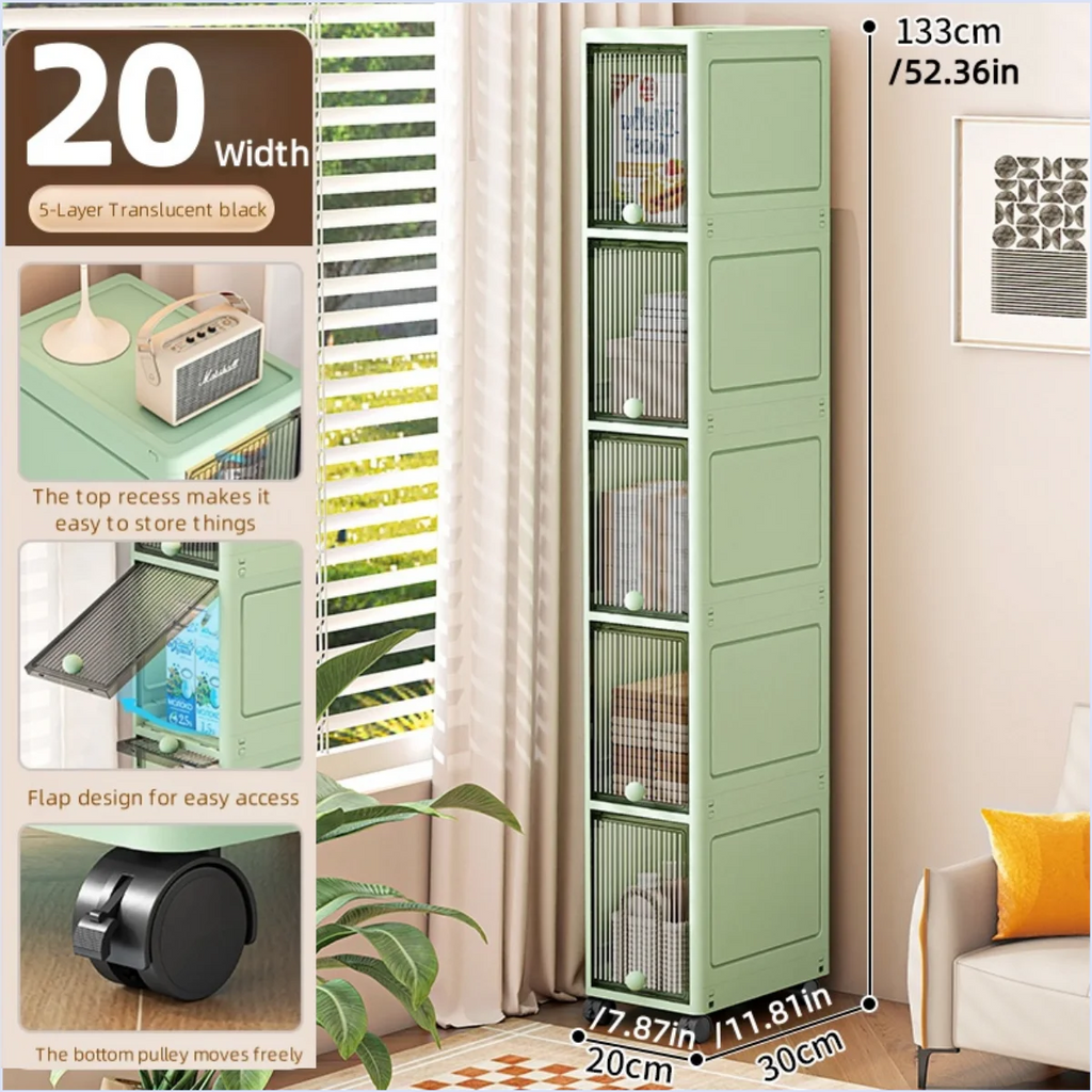 Slim Seam Cabinet Space-Saving Bookcase with Door Stackable Multi-Layer Rack Portable Movable Living Room Display Shelf Oasis Select Black-5 layer