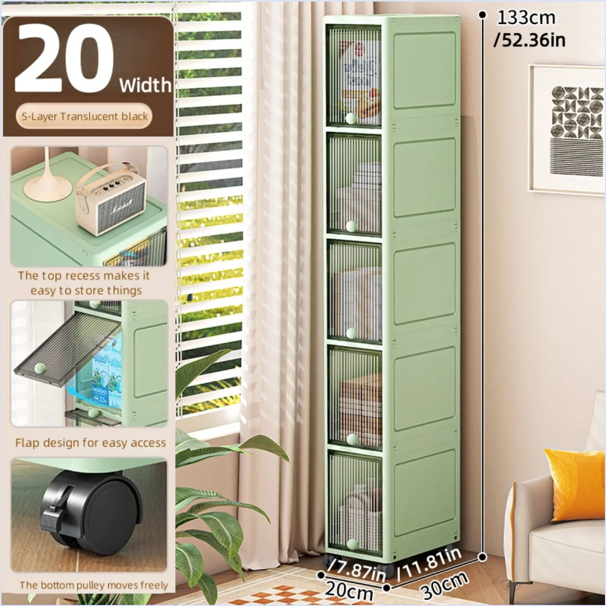 Slim Seam Cabinet Space-Saving Bookcase with Door Stackable Multi-Layer Rack Portable Movable Living Room Display Shelf Oasis Select Black-5 layer