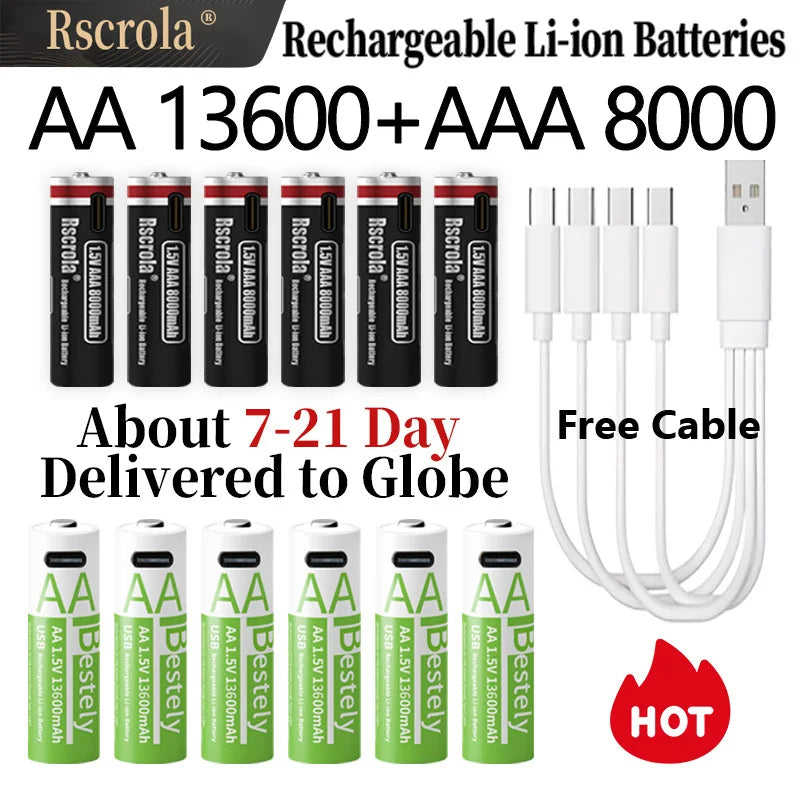 New 1.5V AA13600mAh/AAA8000mAh USB Type-C Rechargeable Lithium Battery for Mouse， Cameras, Electric Toothbrushes, Shavers Oasis Select 32 AA13600 4Chgs 1.5V