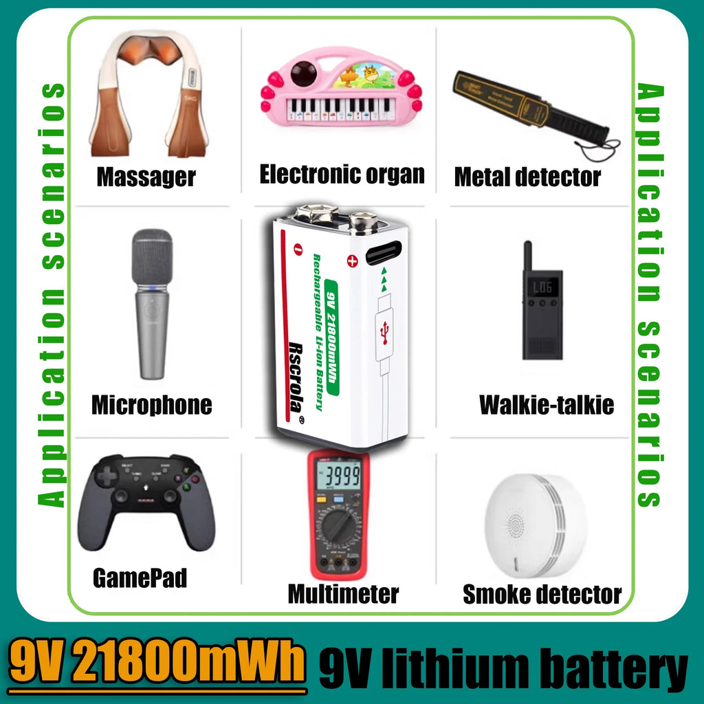 Long-Lasting 9V Lithium Ion Rechargeable Battery 21800mWh High Capacity for Guitar Microphone Smoke Detector Pedal with Cable Oasis Select