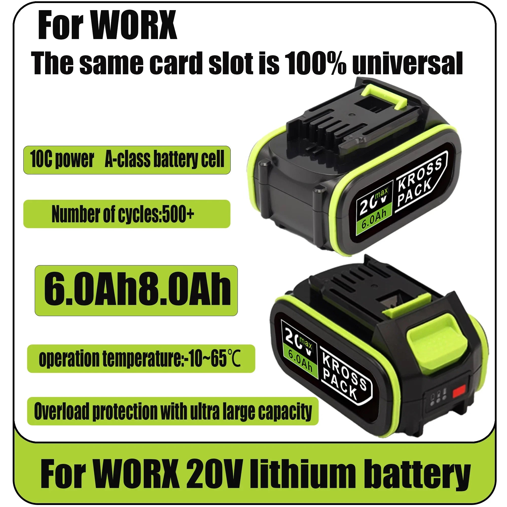 20V 6.0Ah/8.0Ah/18.0Ah Replacement Battery for WORX Series Power Tools Compatible with WA3016 WA3023 WA3054 WA3027 Oasis Select