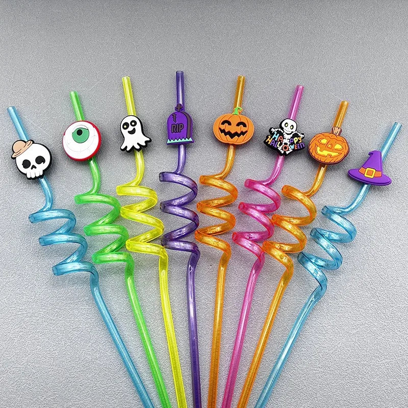 8pcs Halloween Straw Reusable Pumpkin Spiral Plastic Straw Kids Baby Birthday Party Decorations Supplies Drinking Straws Oasis Select