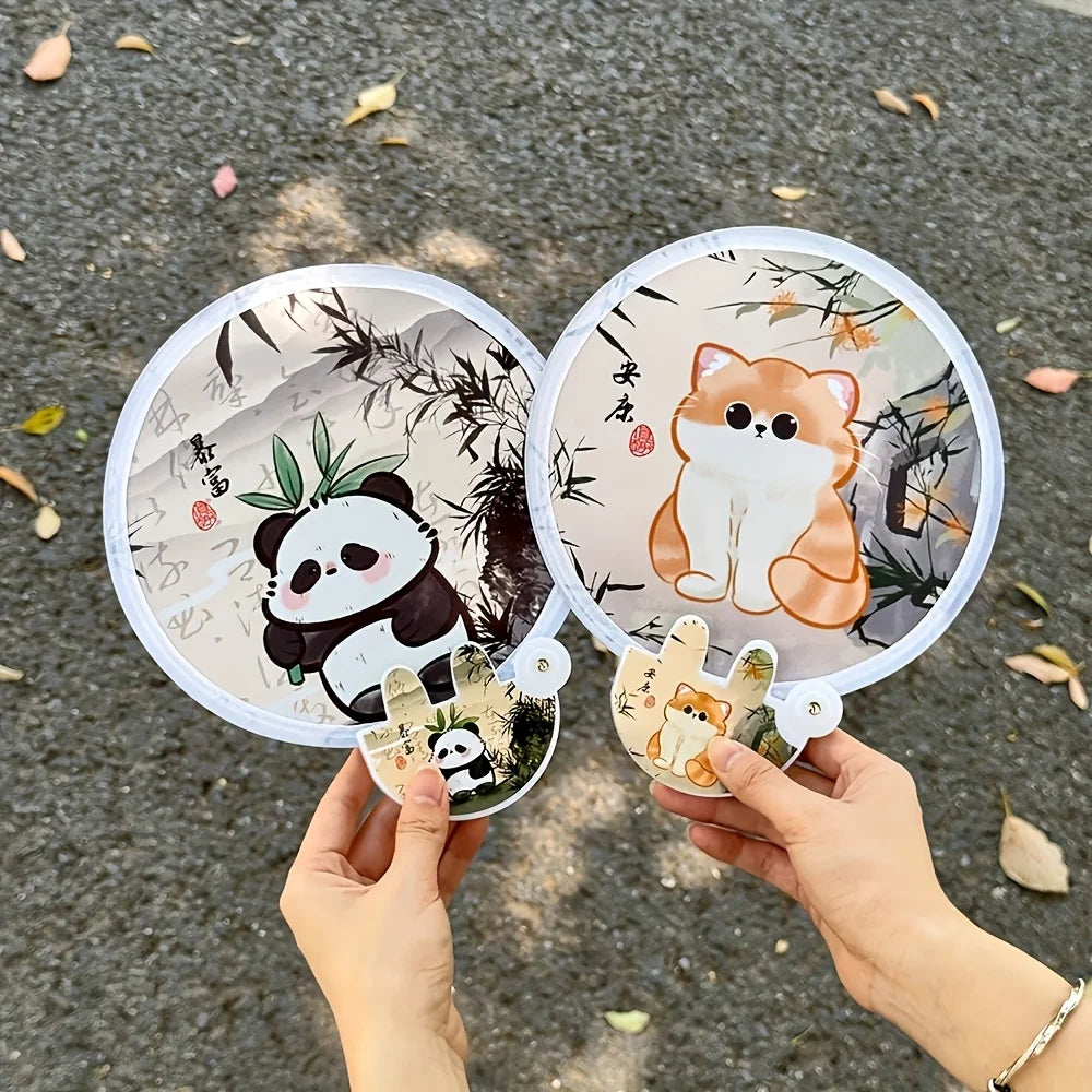 1Pc Cute Cat Folding Fan - Cat Design, 2-In-1 Cooling And Sun Protection, Portable Handheld with Storage Bag, Summer Accessory Oasis Select