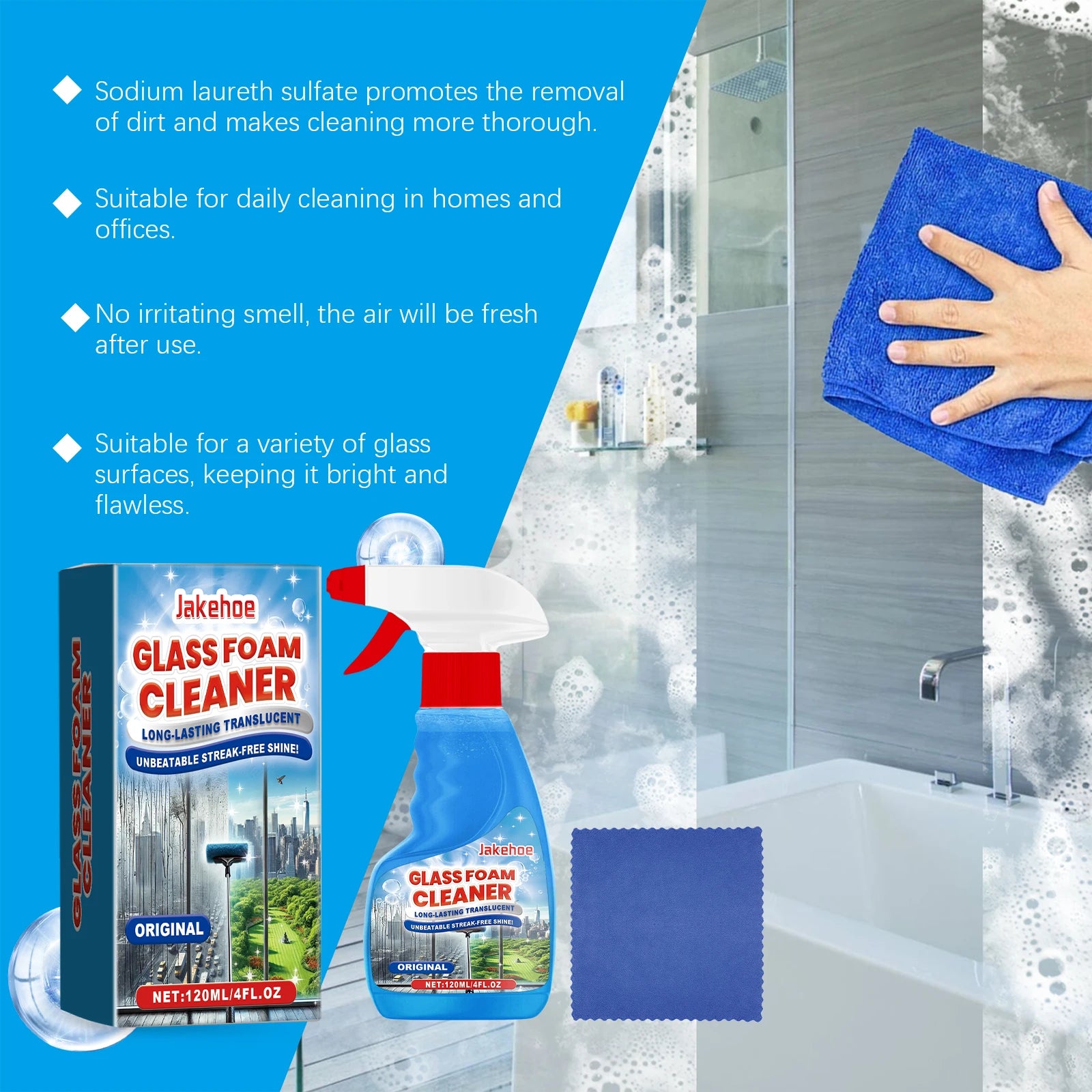 JAKEHOE Glass Foam Cleaner – Streak-Free Windows & Mirrors 120ml Glass Foam Cleaner Oasis Select