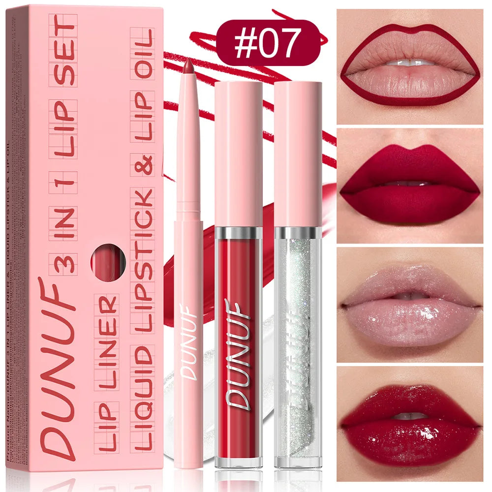 DUNUF 3-Pc Matte Lipstick Set – Lip Liner, Gloss & Oil Kit