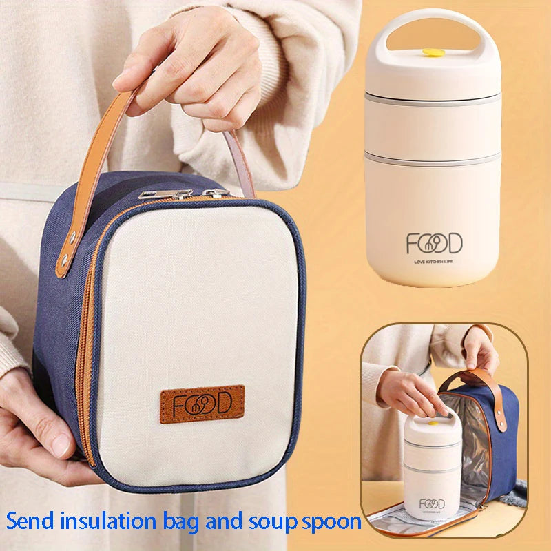 Compact Thermal Lunch Box With Insulated bag and spoon - Stainless Steel Soup Cup with Insulated Design, for Office, School Oasis Select