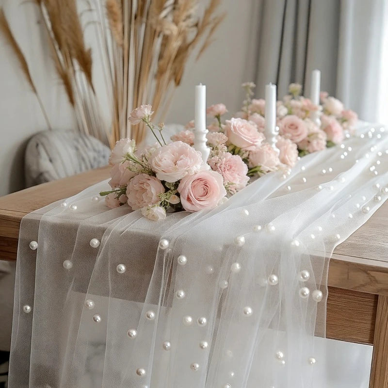 Pearl Chiffon Table Runner 160x100cm Semi Transparent Gauze Mesh Table Cloth for Wedding Bridal Shower Party Dining Decoration Oasis Select