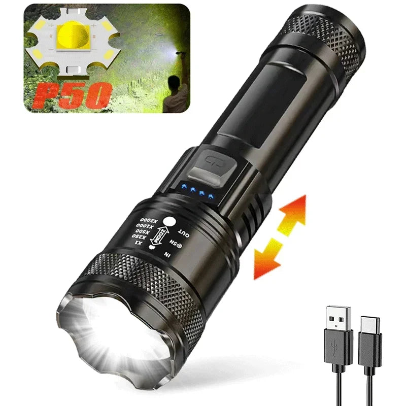 High Strong Power Led Flashlights 2000LM Tactical USB Charging Camping Emergency Fishing Zoom Lantern Torch with Display Light Oasis Select 1PCS