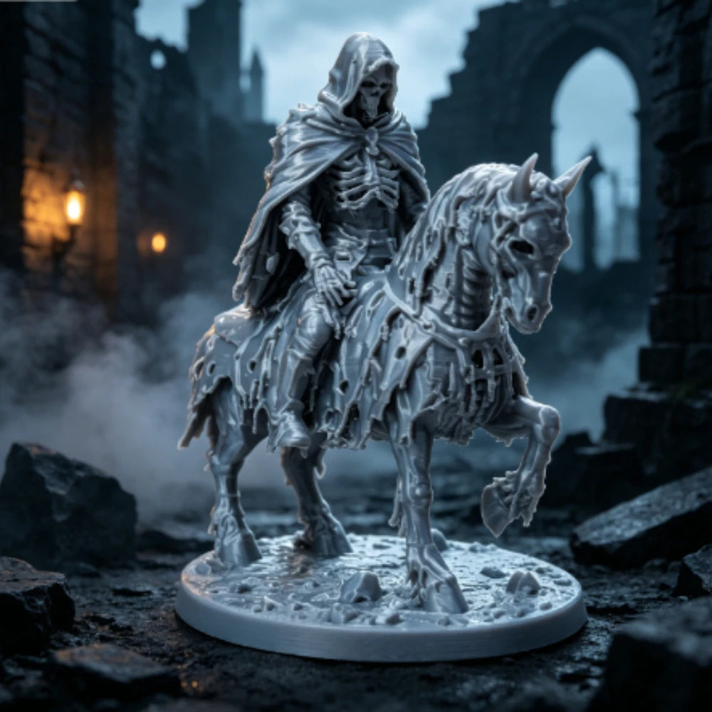 Undead Skeleton Rider Horse Figurine 3DPrinted Miniature Hooded Ghost Knight Tabletop Ornament Wargame Figurine with Base Decor Oasis Select