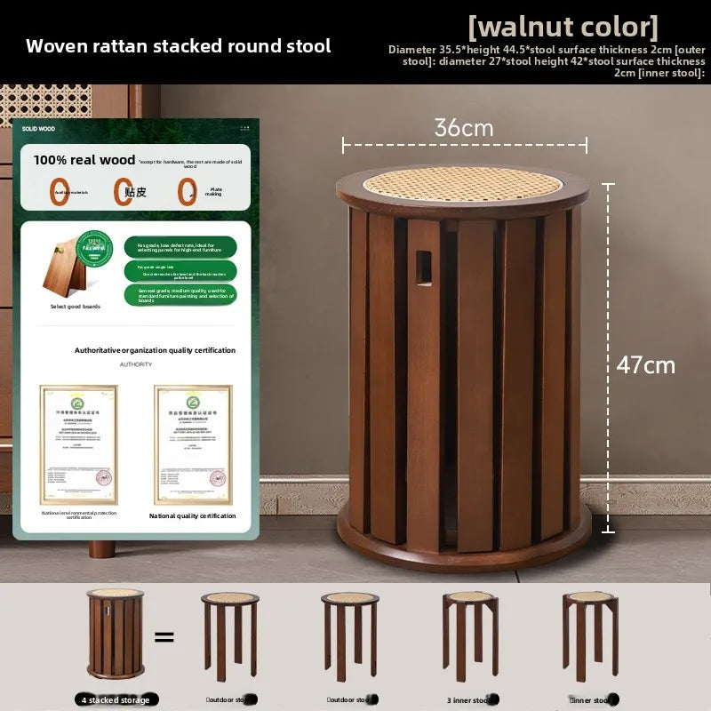 Household stools can be stacked solid wood round stools stacked low stools with pulleys wooden stools sturdy and durable Oasis Select Walnut-4D