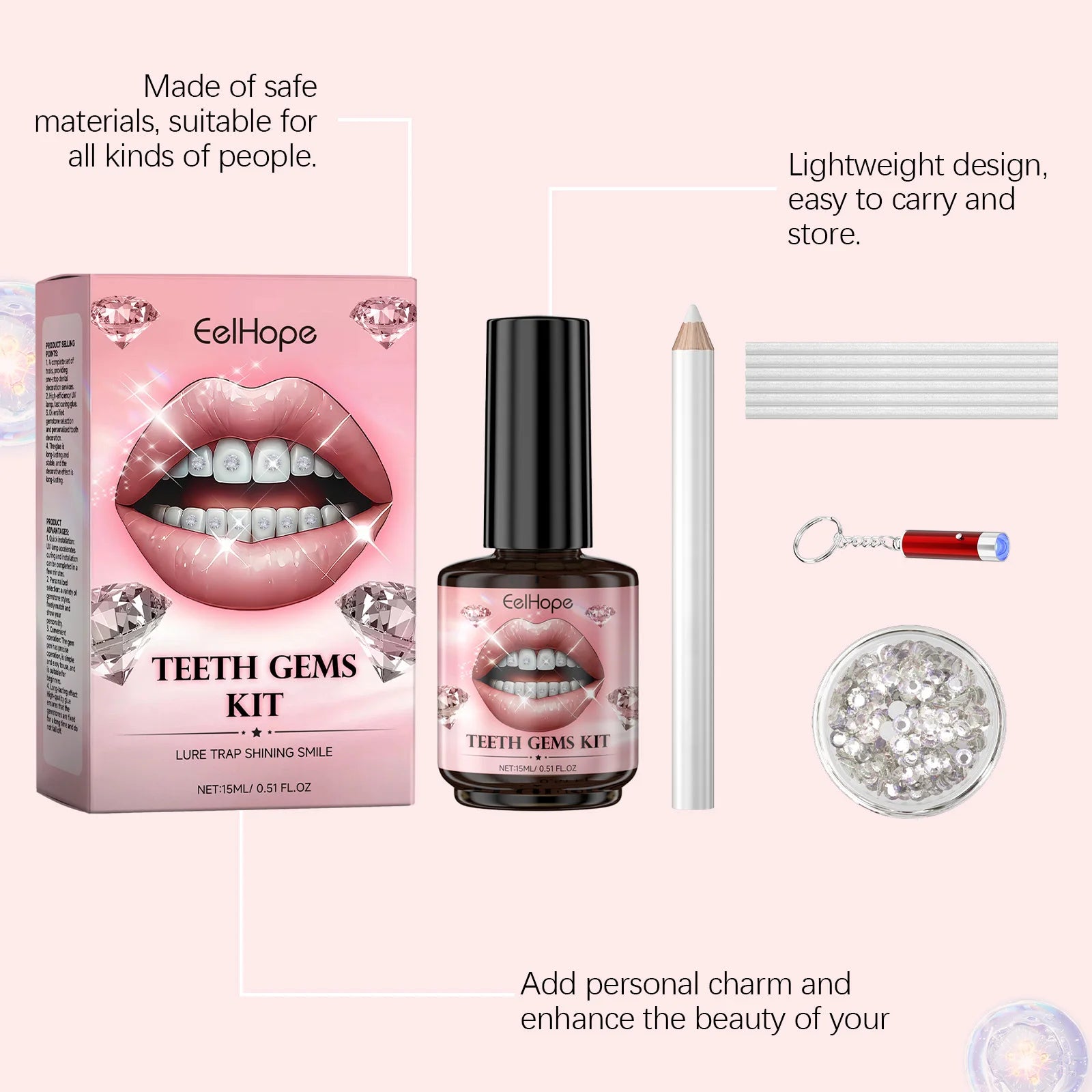 DIY Teeth Gems Kit – 100 Dental Gemstones, UV Light & Glue