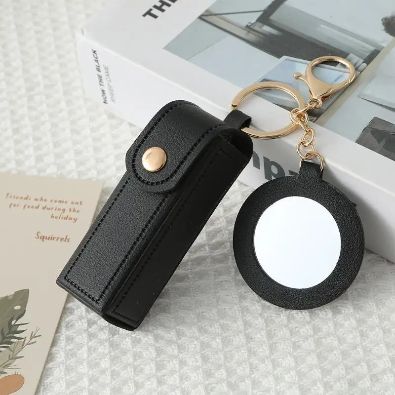 PU Leather Lipstick Holder Keychain with Flower Mirror