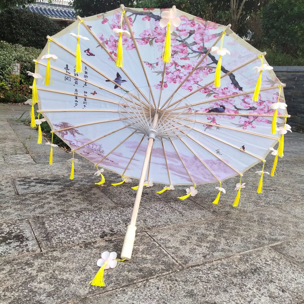 Antique Hanfu Fringe Umbrella Performance Photo Props Dance Silk Umbrella Craft Ancient Point Oiled Paper Umbrella Oasis Select Solid Wood 22 16K