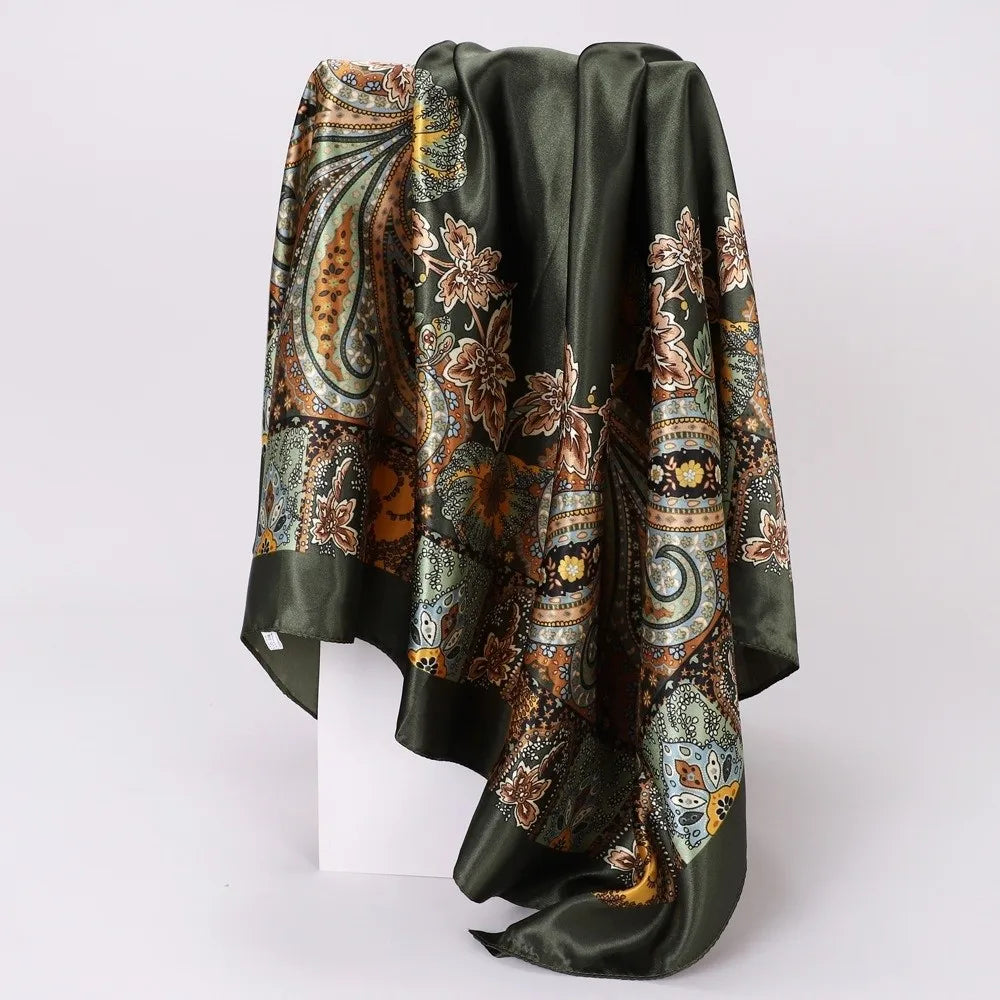 Luxury 90*90cm Satin Square Scarf Bohemian Hair Accessories Print Silk Headkerchief Floral Shawl Wraps Headband Wedding Oasis Select A