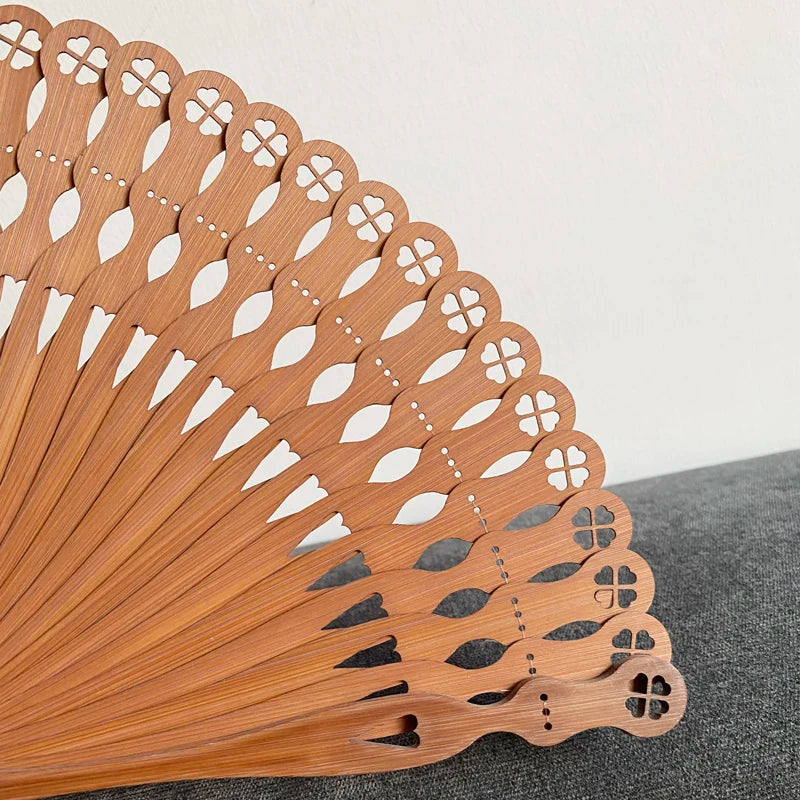 Hollowed-out Full Bamboo Fan Heart-shaped Four-leaf Clover Fan Chinese Style Can Be Paired with Hanfu and Cheongsam Folding Fan Oasis Select