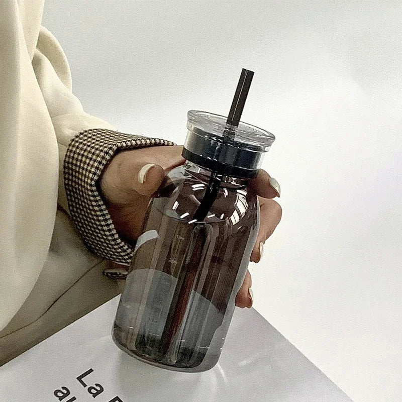 300/500/750ml Large Glass Water Bottle with Straw 2 Lids Clear Kawaii Drinking Bottle Leakproof Iced Coffee Cup for Woman Girl Oasis Select Black-300ML <0.25L