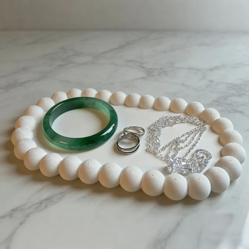 Trending White Beaded Decor Tray Jewelry & Ring Organizer Desktop Storage Tray with Artistic Aesthetic Home Decor Oasis Select