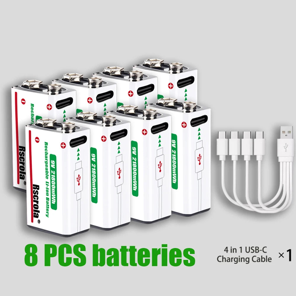 Long-Lasting 9V Lithium Ion Rechargeable Battery 21800mWh High Capacity for Guitar Microphone Smoke Detector Pedal with Cable Oasis Select 8 PCS Batteries