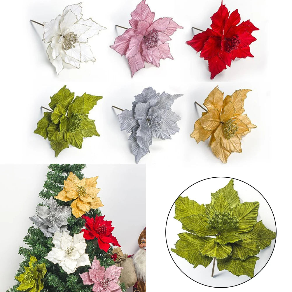28cm Artificial Flower Simulation Christmas Poinsettia Fake Glitter Flower Hanging Xmas Tree Pendant Ornament Party Home Decor Oasis Select