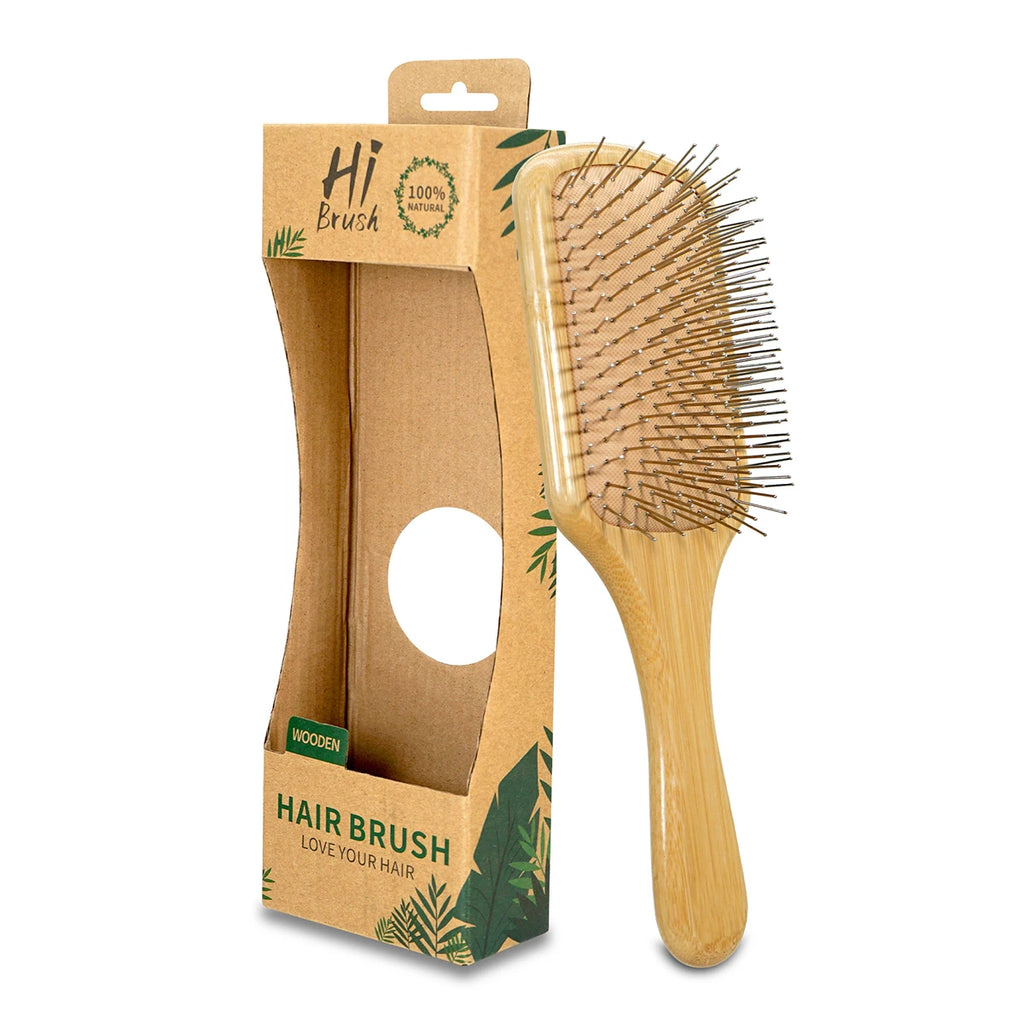 Bamboo Handle Hair Brush Steel Needle Teeth Scalp Massage Detangling Brush for Daily Hair Care Oasis Select