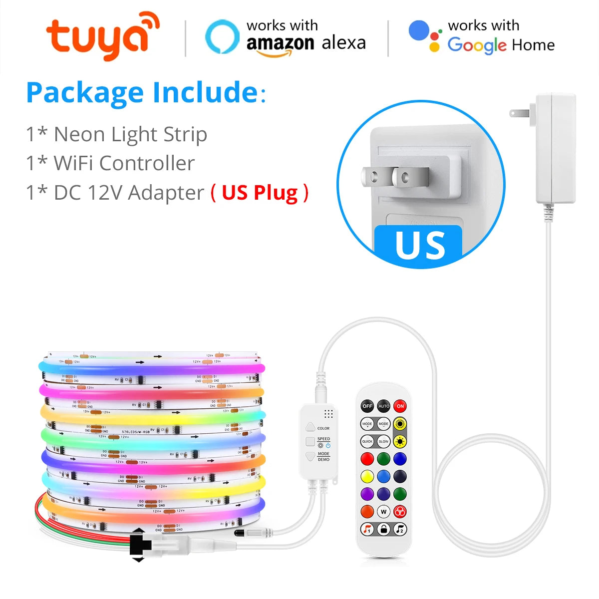 5M FCOB Ambinet LED Strip DIY Addressable Control Can Flicker and Flow,12V Tuya APP Controlled Uniform Chase Color Light Voice Oasis Select USA Power Plug DC 12V 5M Kit