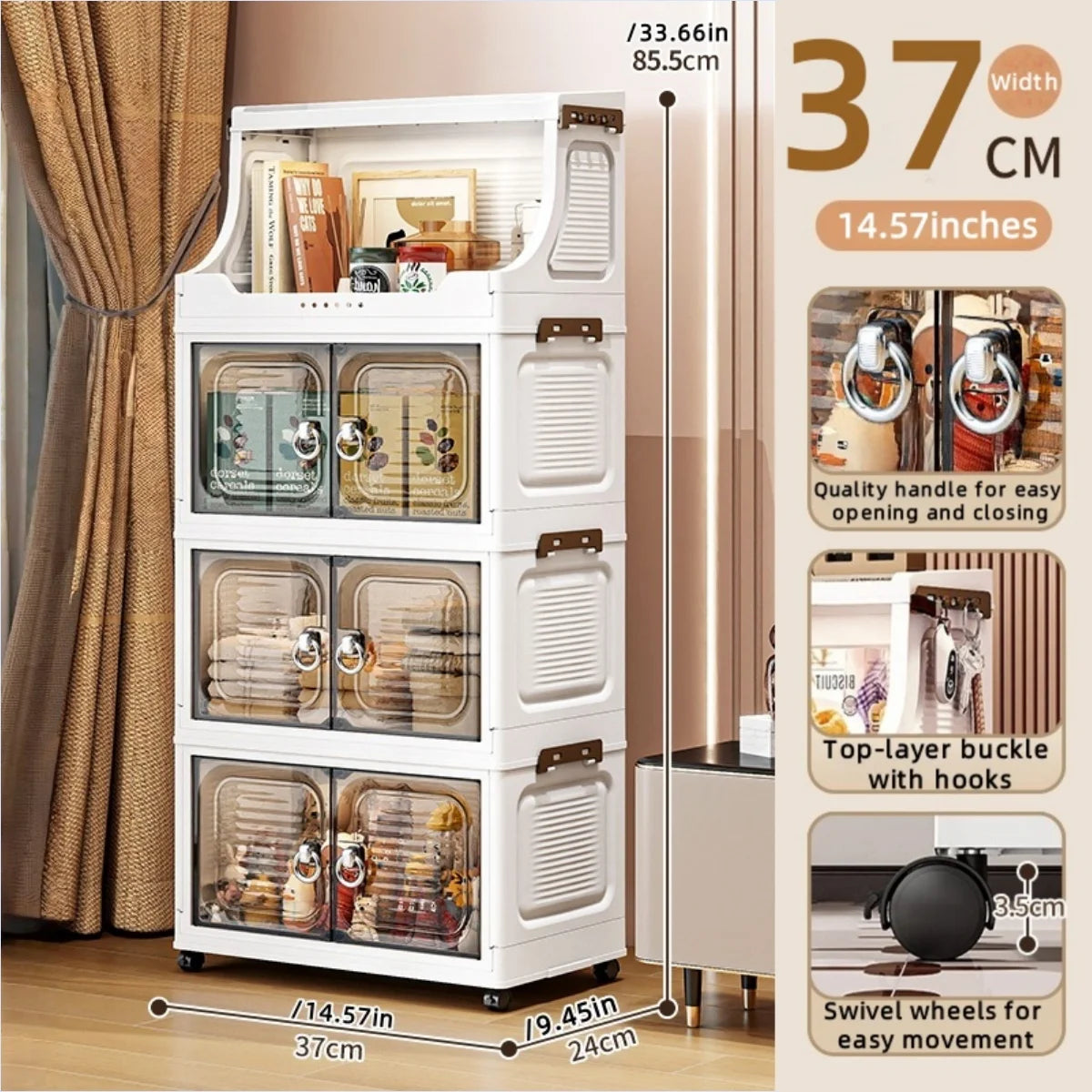 37cm Foldable Double-Door Storage Cabinet-Large Capacity Mobile Organizer with Wheels for Kitchen, Bedroom,Living Room Storage Oasis Select 4 Layers Clear Gray