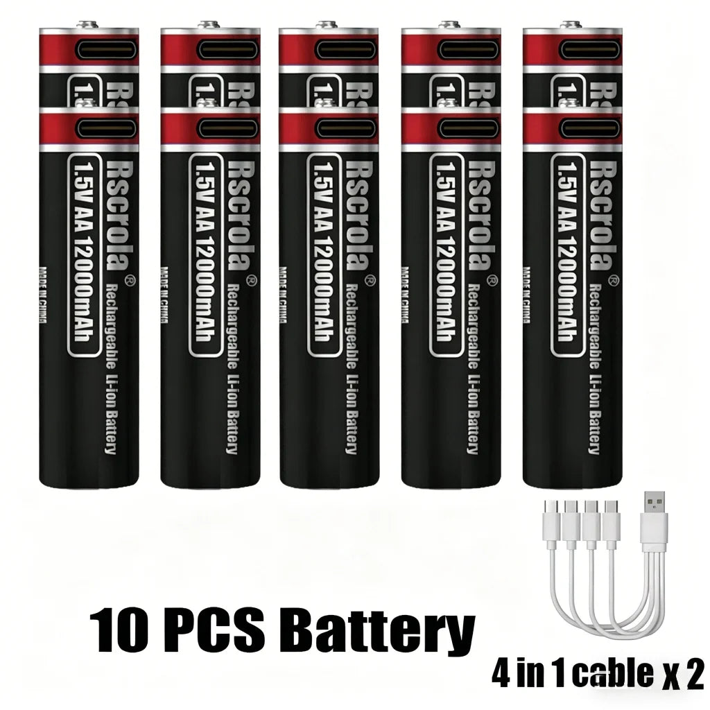 USB-C Rechargeable AA AAA Lithium Battery 1.5V Li-ion Batteries 12000mAh 6800mAh Constant Voltage Fast Charging for Toy Clock Oasis Select 10 PCS AA Batteries