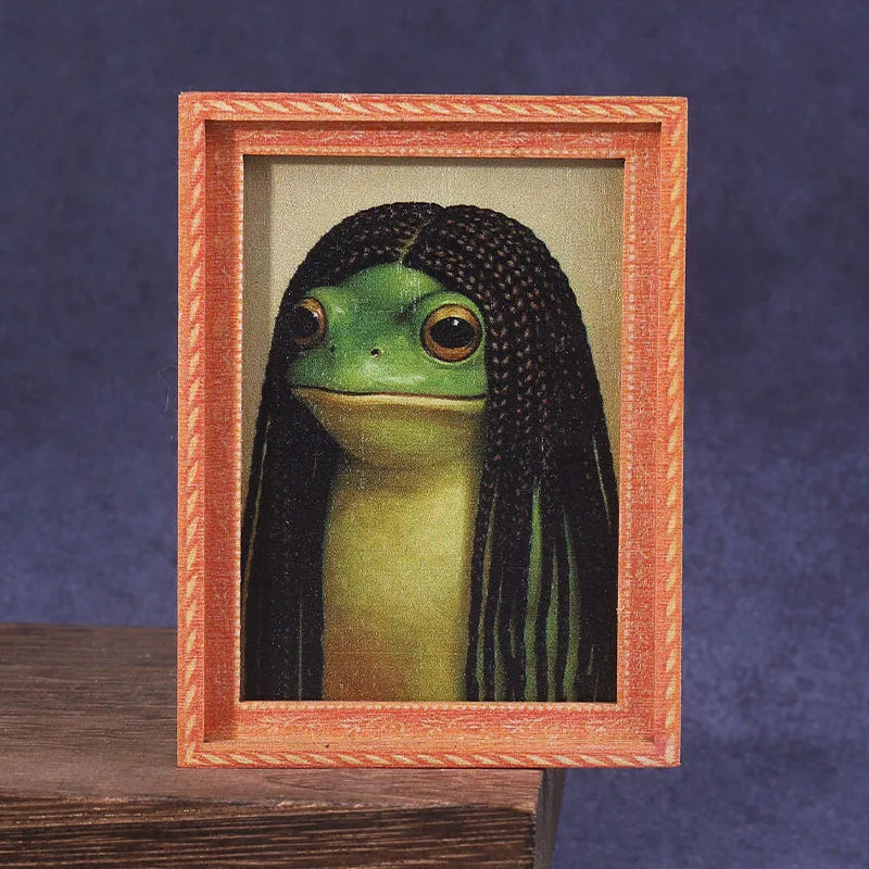 1Pc Mini Wooden Photo Frame Frog Fridge Magnet Funny Green Frog & Haircut Modern Kitchen Decor Refrigerator Ornament Oasis Select H