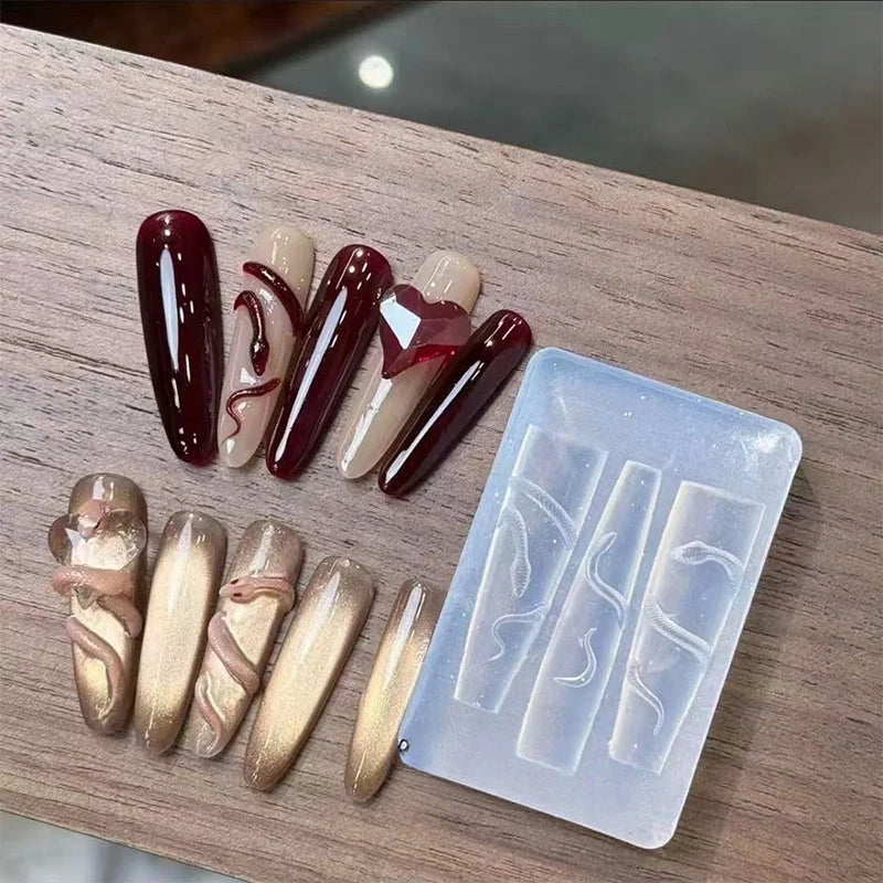 1/3Pcs 3D Nail Silicone Carving Mold Snake DIY Nail Decoration Art Nail Beauty Charm Silicone Nail Mold Nail Nails Products Oasis Select