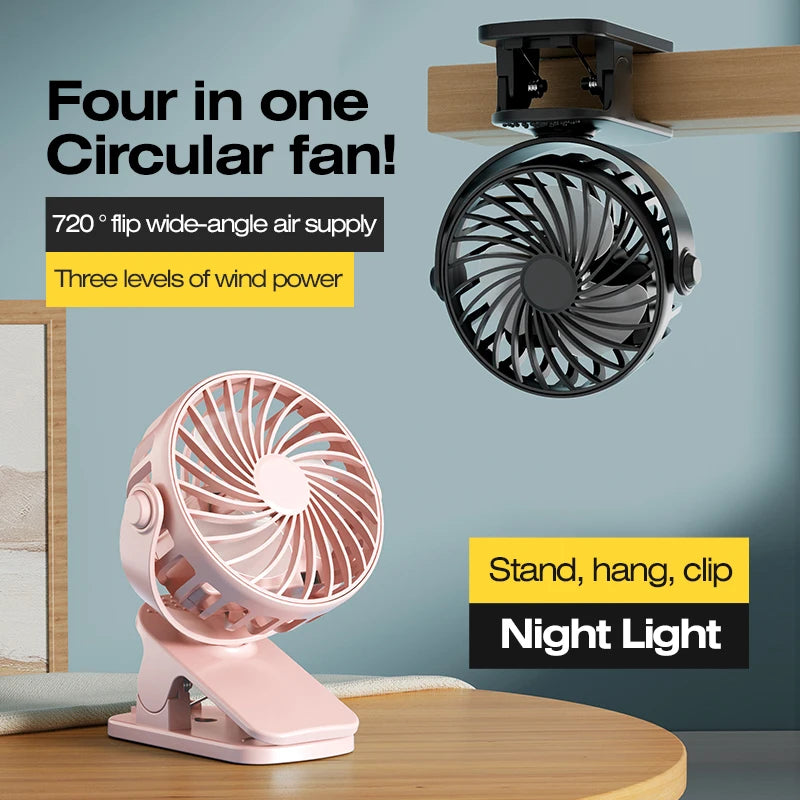 Portable Rechargeable Clip Fan 720° Rotatable Hanging Fan with Night Light Air Cooler for Outdoor Camping Ventilador Fans Oasis Select