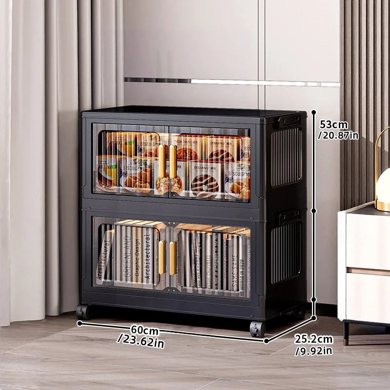 Foldable Clear Double-Door Storage Cabinet Large Space-Saving Mobile Organizer Dustproof Moisture-Proof for Kitchen Living Room Oasis Select 2 Tiers