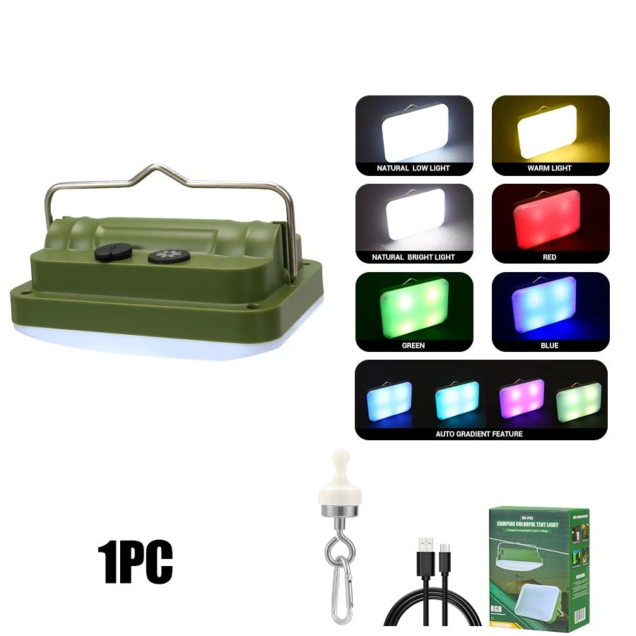 RGB LED Camping Lantern | 7 Modes, IPX6, Rechargeable Hook Light