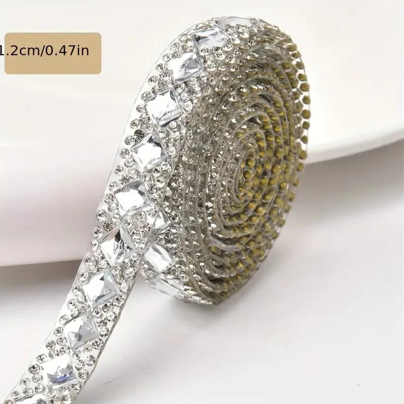 1Yard Glitter White Crystal Rhinestone Tape Trim Self-Adhesive Glass Appliques Diamond Sticker for Dress Shoe Adornment Ribbon Oasis Select D-12MM