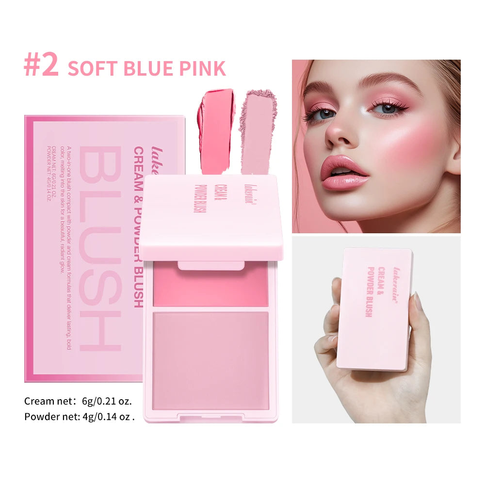 Lakerain 2 IN 1 Cream & Powder Blush Long-Lasting Wearing High Pigment Natural Pink Blusher Waterproof Matte Blush Makeup Oasis Select 2Soft Blue Pink