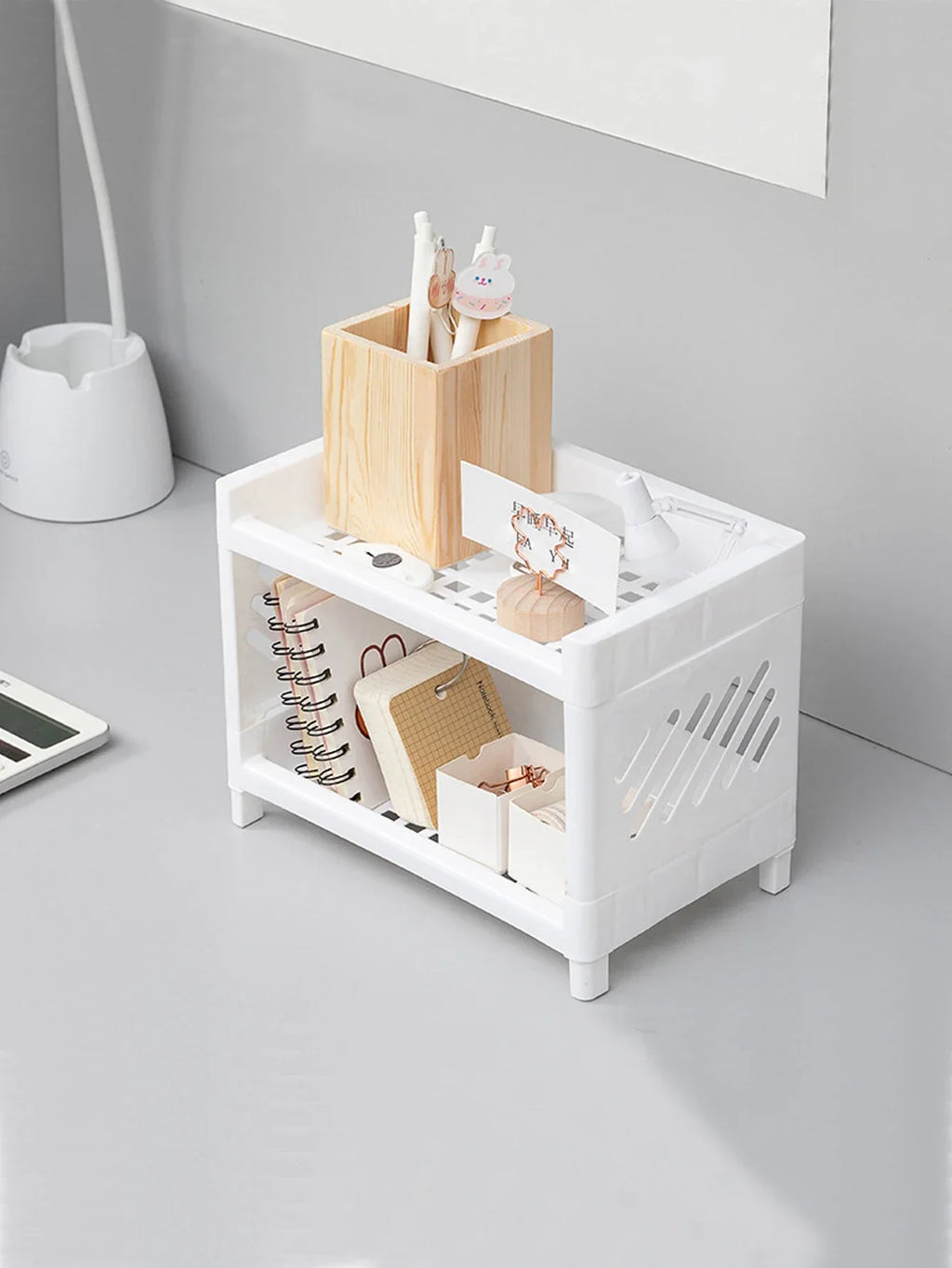 PP Desktop Double Layer Storage Rack Rectangular White Organizing Student Desk Office Cosmetics Stationery Shelf Oasis Select