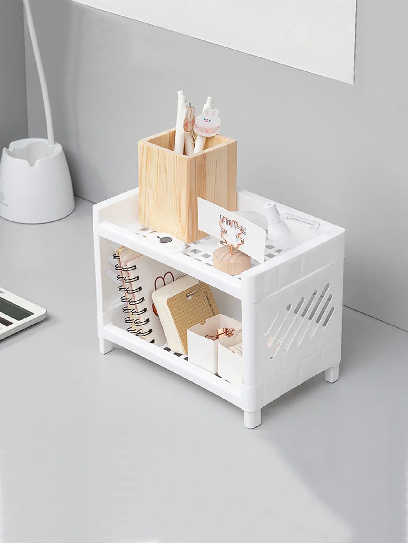 PP Desktop Double Layer Storage Rack Rectangular White Organizing Student Desk Office Cosmetics Stationery Shelf Oasis Select
