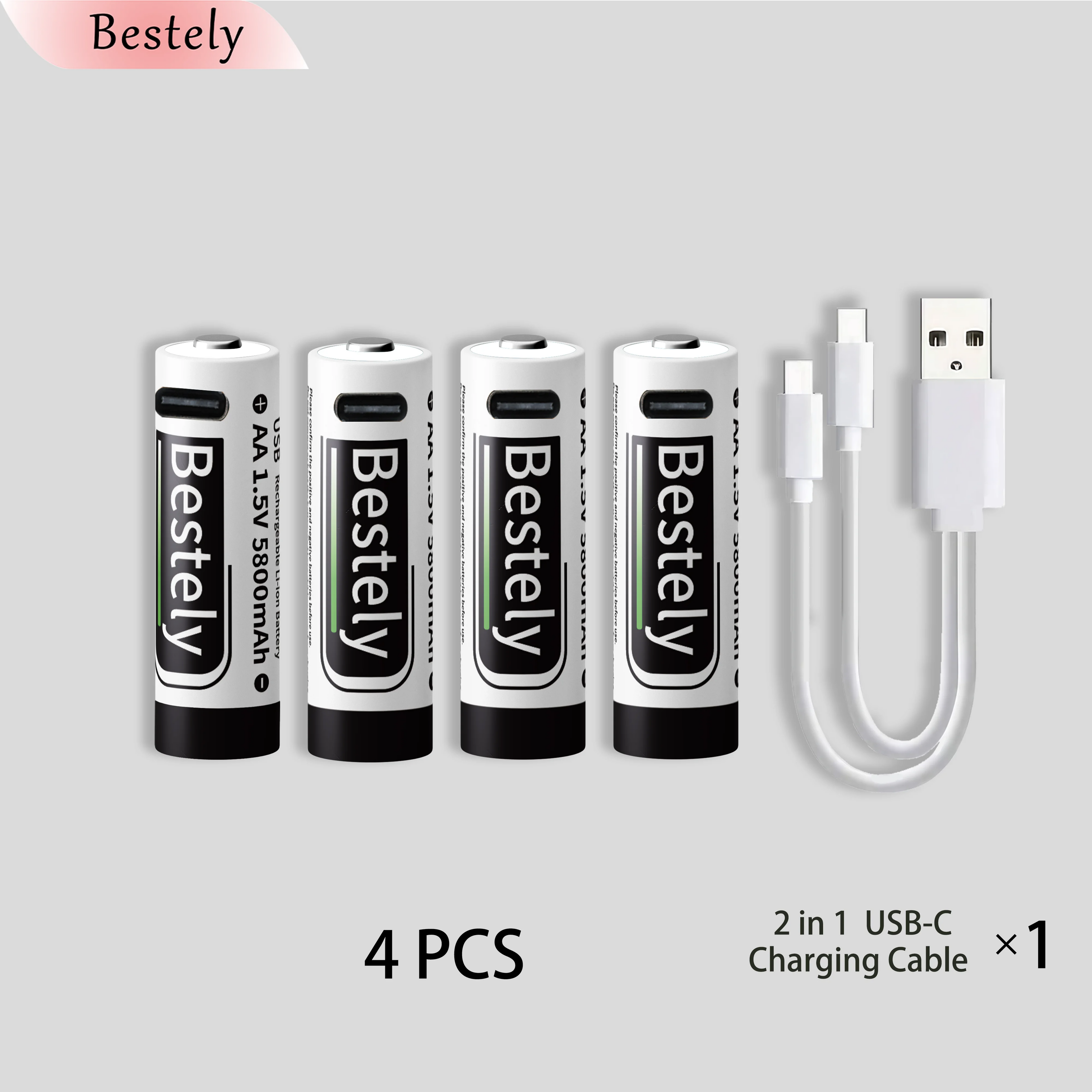 AA Rechargeable Batteries 1.5V 5800mAh Li-ion Battery Long-Lasting High Capacity Lithium Akku, 2000 Cycle with Free USB-C Cables Oasis Select 4 pcs batteries