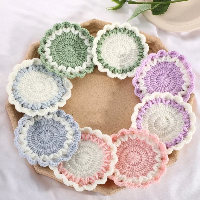 Wave Lace Coaster Simple Fashion Cute Flower Knitted Coasters Hand-woven Thermal Insulation Mat Table Decoration Cup Pads Oasis Select
