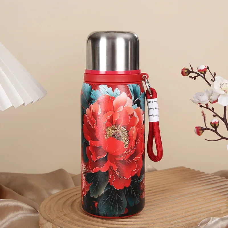 Retro Chinese Rose Printed Stainless Steel Insulated Cup Large Capacity Portable Car Insulated Water Cup Oasis Select