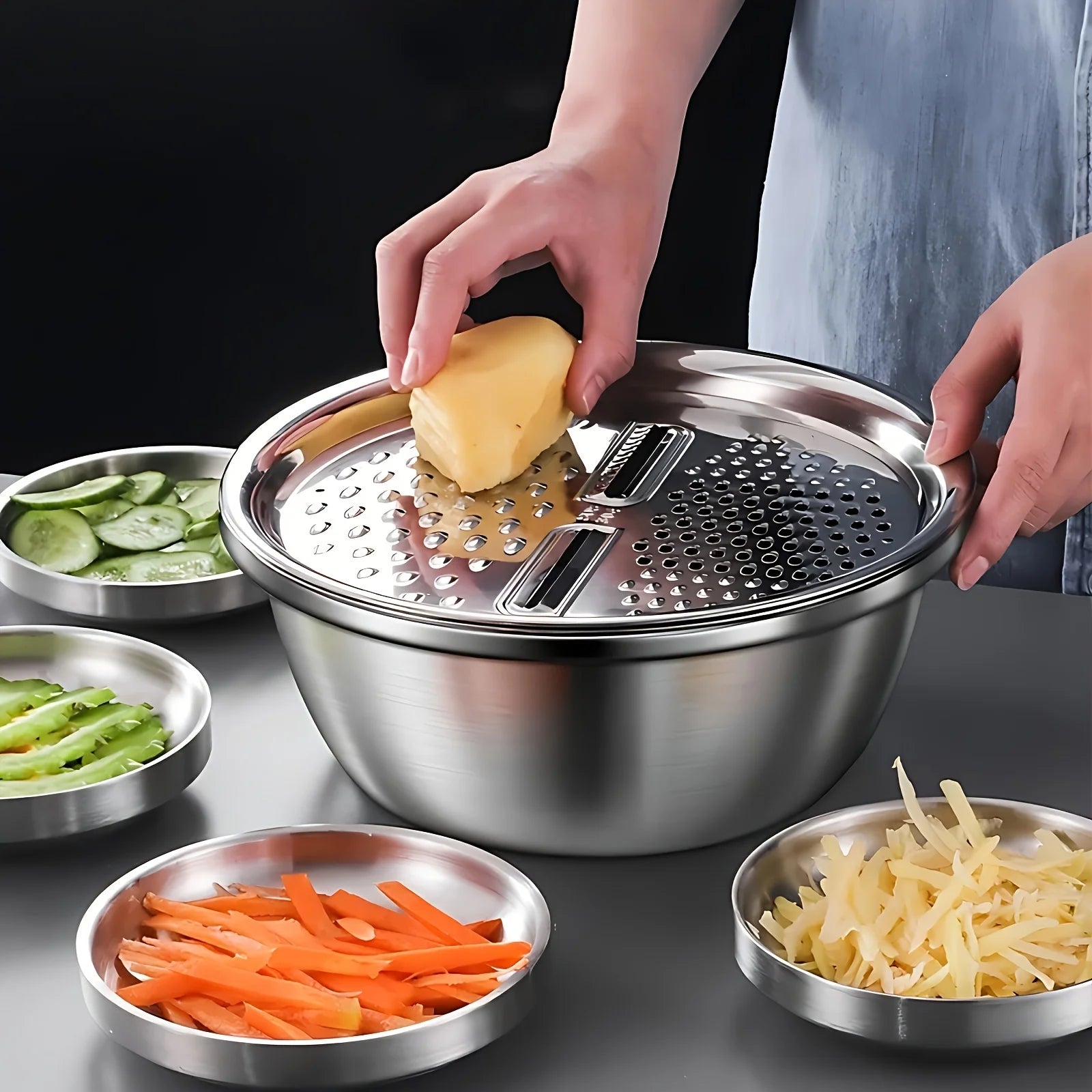 3-Piece Stainless Steel Multifunctional Strainer, and Mixing Bowl for Washing and Slicing Fruits, Vegetables Oasis Select