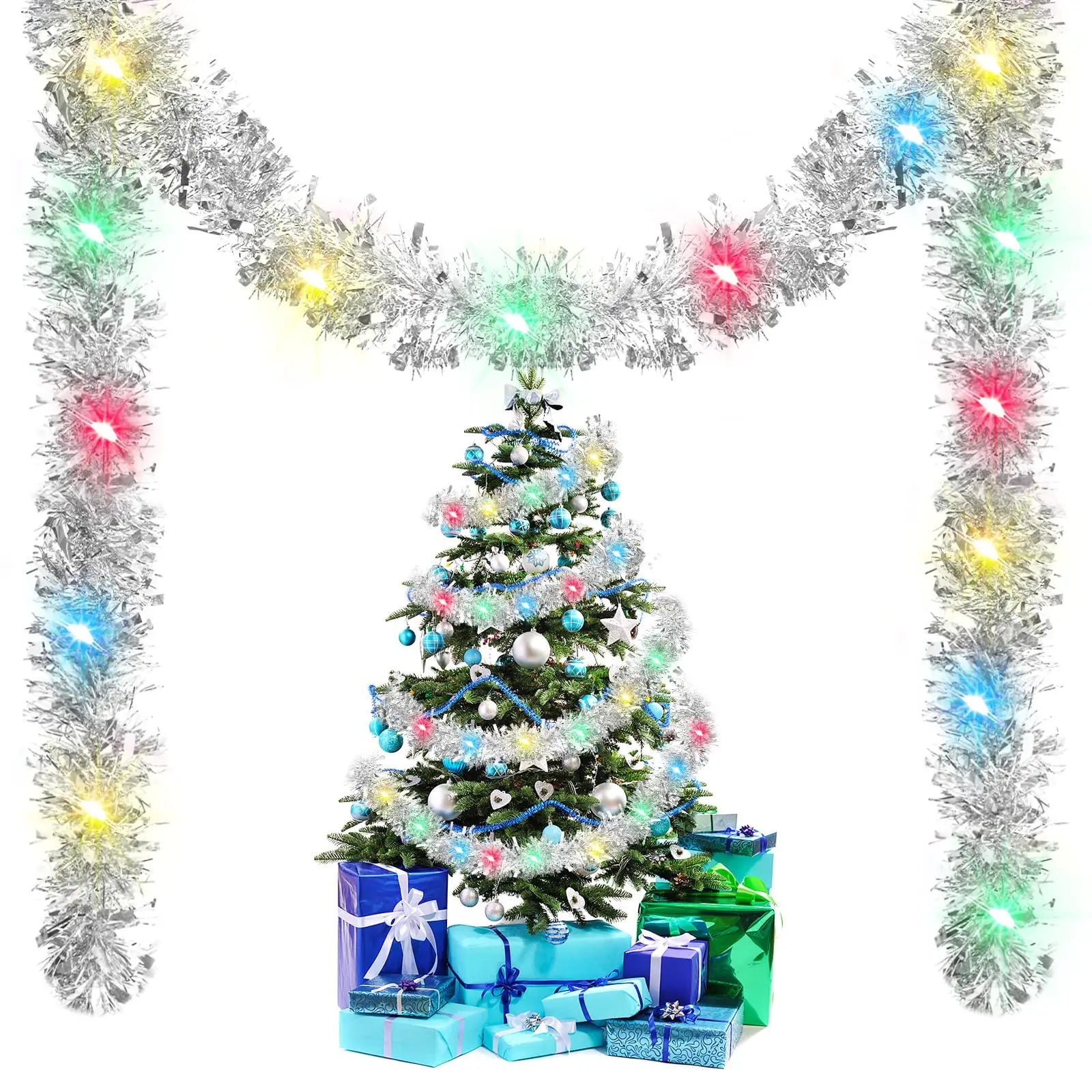 LED Christmas Tinsel Garland Artificial DIY Christmas Garland With LED Lights Xmas Metallic Twist Hanging Garland Fireplace 5m Oasis Select Silver