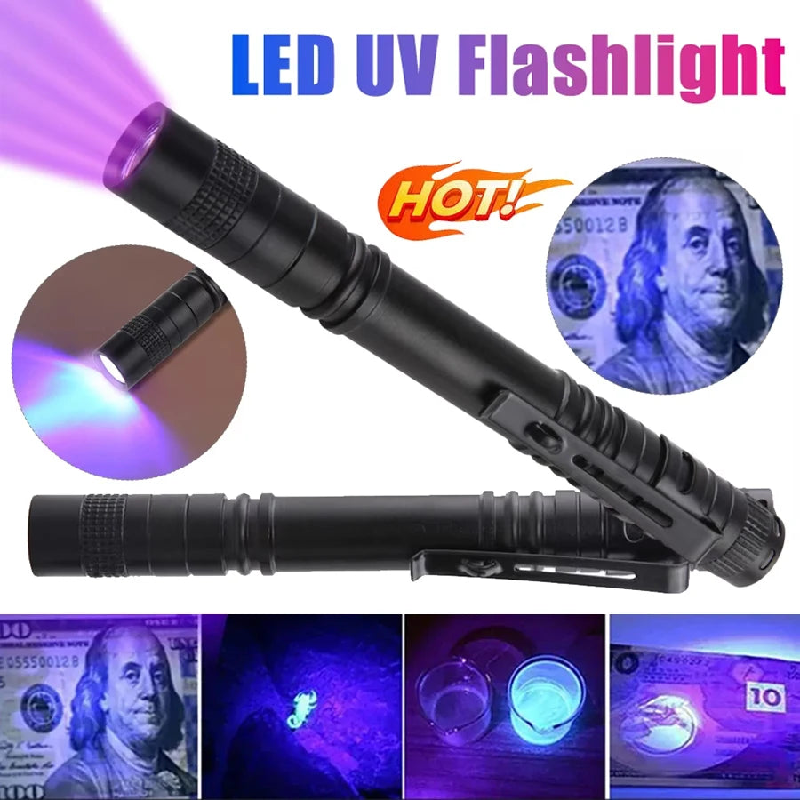 Mini 395nm UV Flashlight Portable LED Ultraviolet Blacklight Money Inspection Penlight with Clip Pet Urine Stains Detector Torch Oasis Select