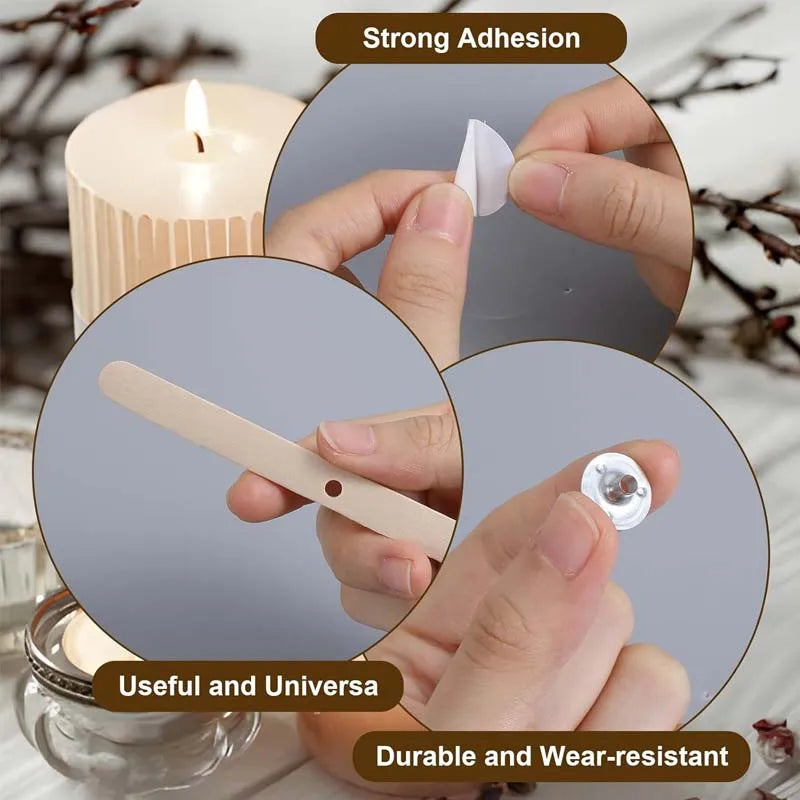 Cotton Candle Wick Roll, 100Pcs Metal Sustainers 3Sheet Candle-Wick Stickers 5Pcs Wooden Candle-Wick Centering,Candle Making Kit Oasis Select