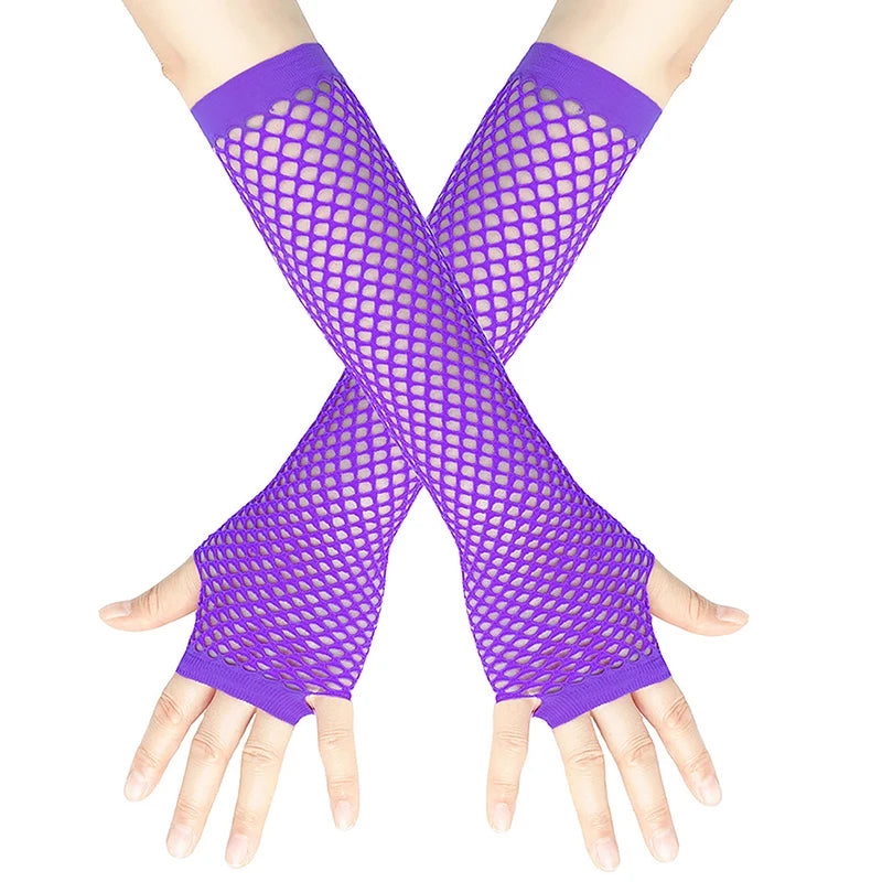 1Pair Women's Long Fingerless Fishnet Mesh Gloves Punk Rock Style Arm Warmers For Night Club Party Fashionable Sexy Gloves Oasis Select Purple