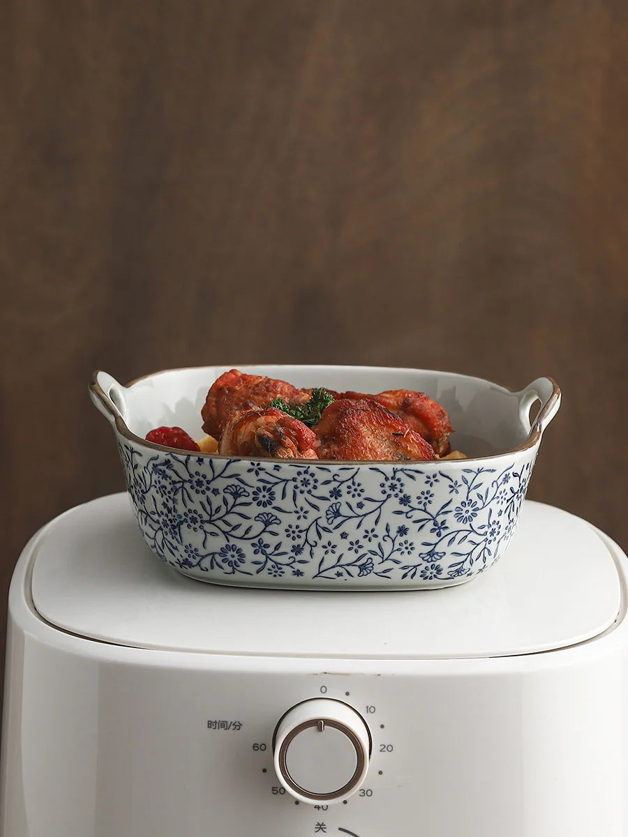 7-inch Ceramic Double Ear Baking Bowl Air Fryer Special Bowl Oven Vessel Square Baking Tray Ice Bowl Oasis Select