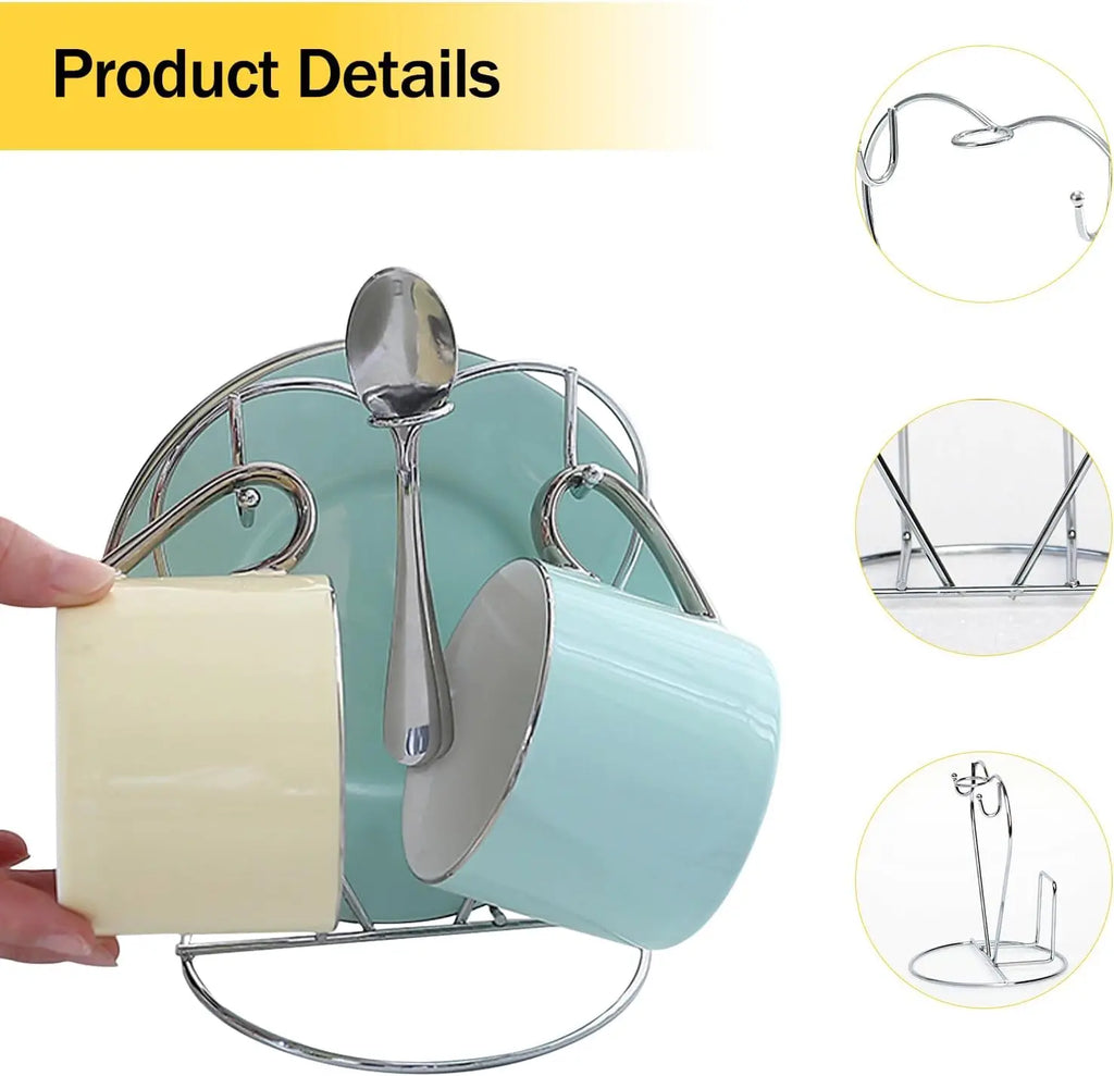 Coffee Mug Holder Metal Mug Rack Cup and Saucer Display Stand Silver Holds for Kitchen Dining Table Space-Saving Organizer Oasis Select