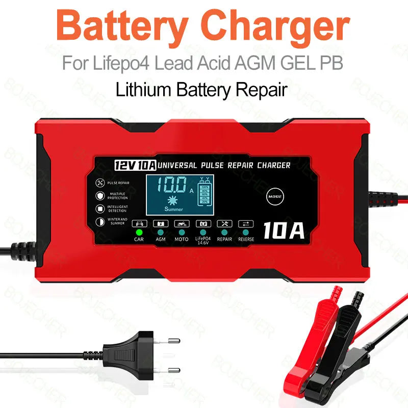 12V 10A Car Battery Charger Pulse Repair Smart Charger For Lifepo4 Lead Acid AGM GEL PB Lithium Battery Car Charger LCD Display Oasis Select
